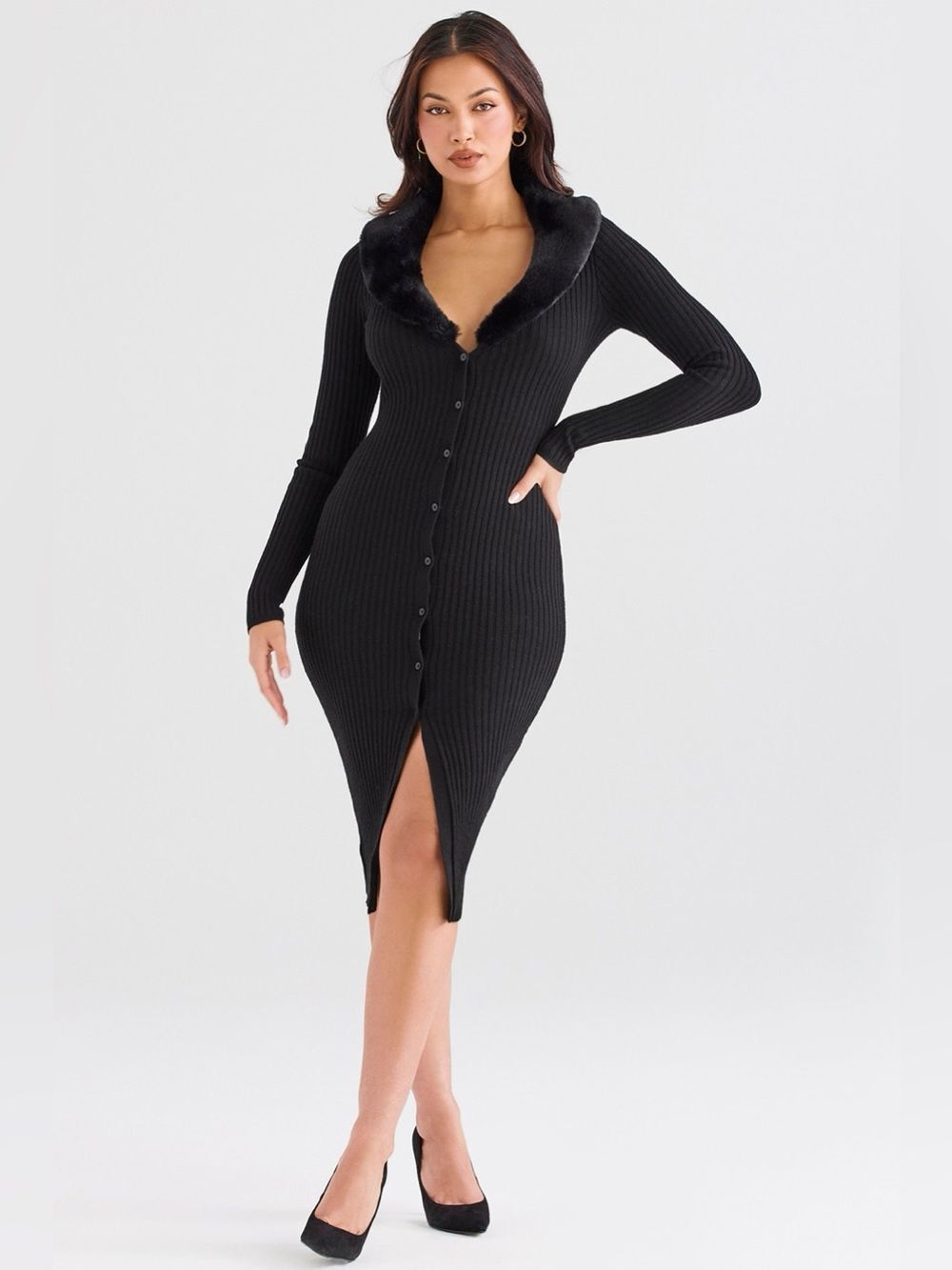 House of CB Black Faux Fur Trim Ribbed Bodycon Long Sleeve Dress Small DS3 - Picture 4 of 13
